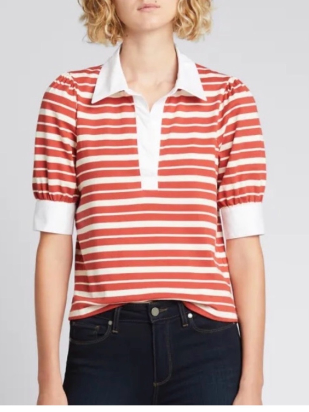 Veronica Beard Rust & Cream Striped Polo Top
